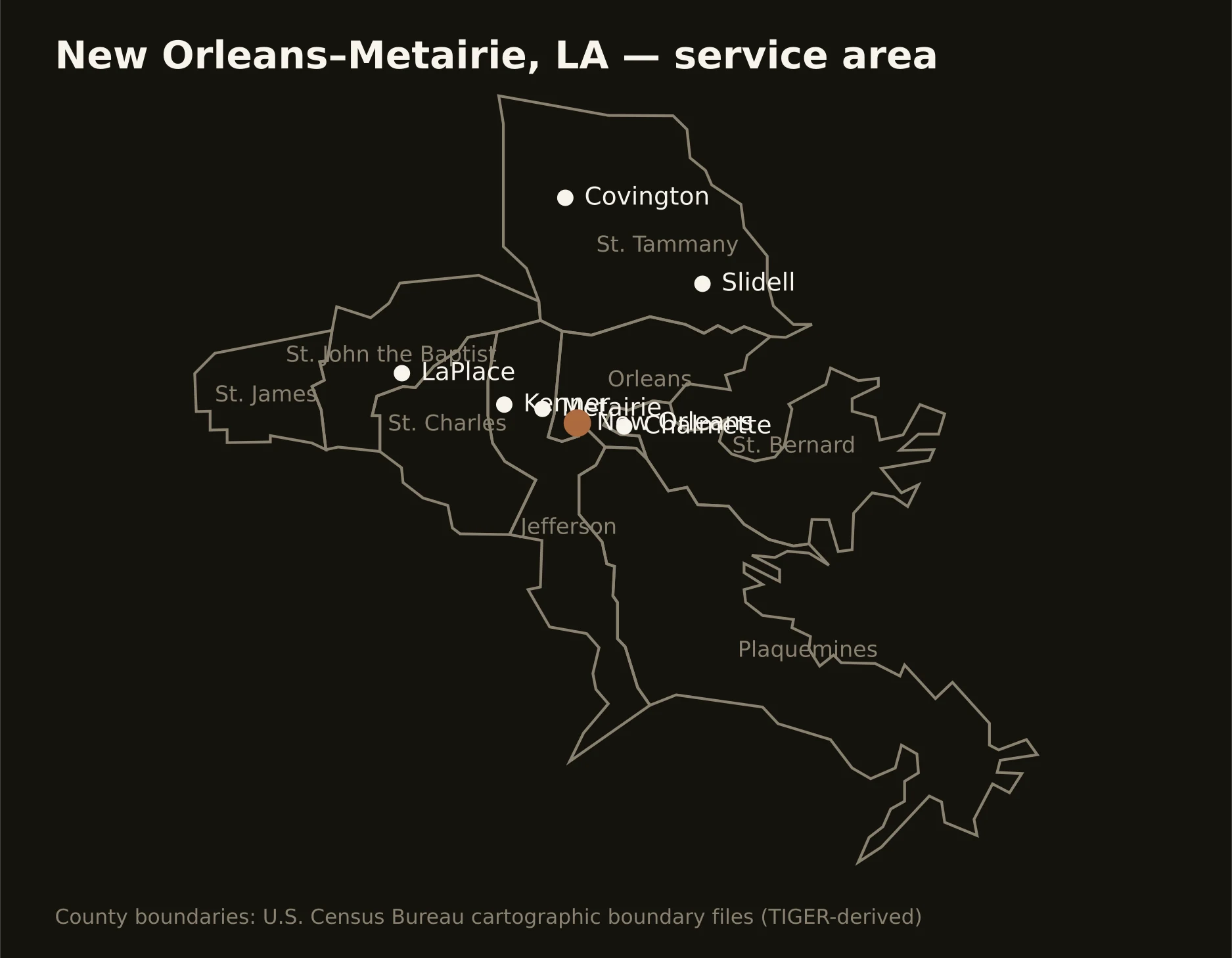 New Orleans–Metairie, LA directional drilling service area map — component counties and cities served